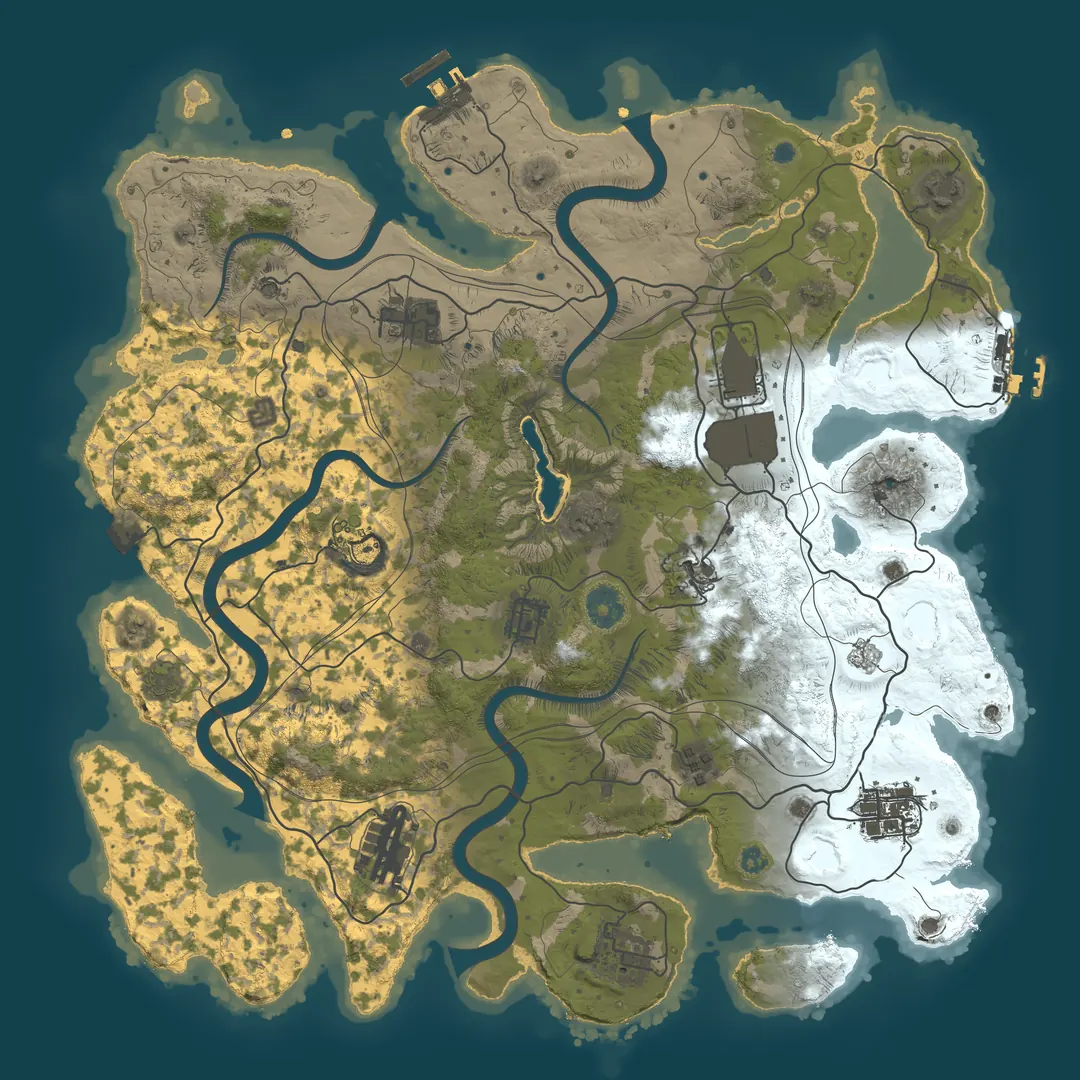 Top-down view of a Rust custom map: desert in the west, grassland in the middle and snow in the east, crossed by rivers and roads